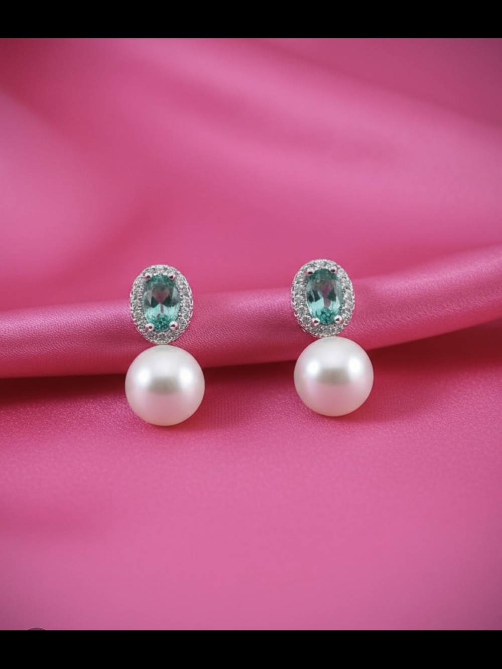Freshwater Pearl Drop Earrings Inlaid w/ Blue Green Zircon & Silver Accents